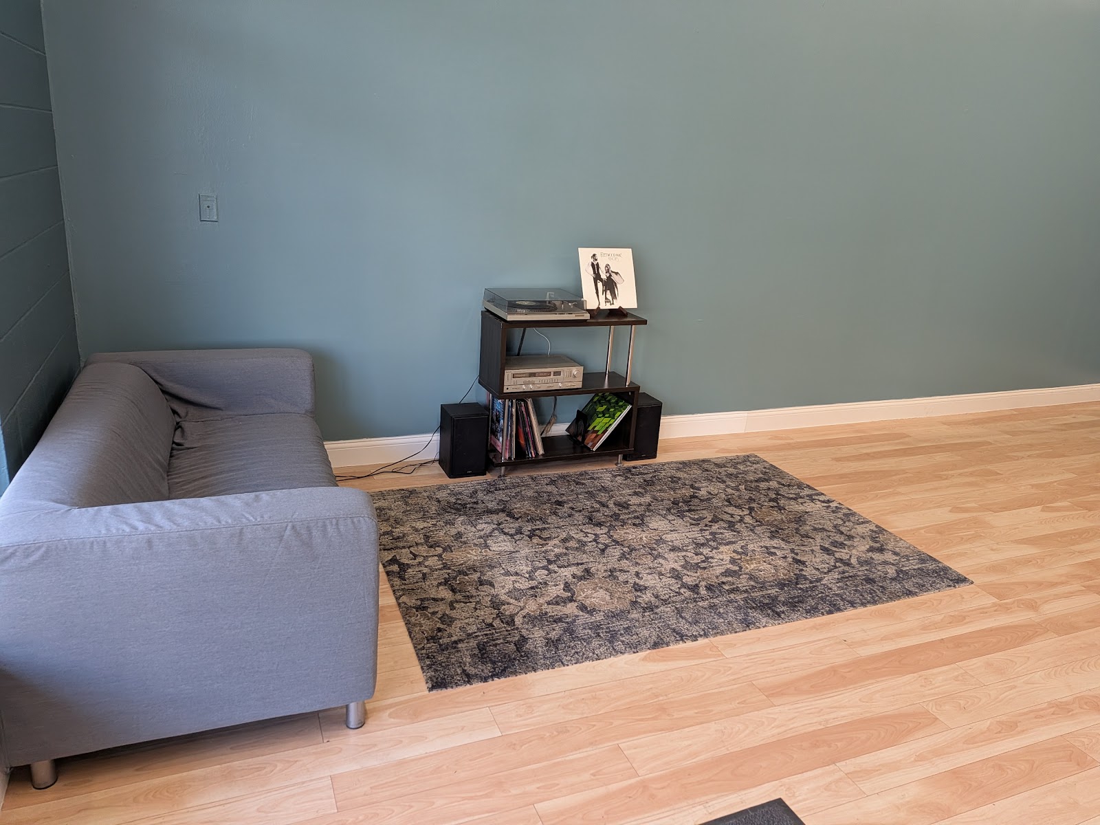 Cozy waiting area: gray sofa, vinyl record player, plant